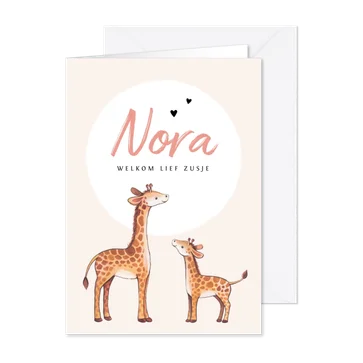 Geboortekaartje zusje lief met giraf illustratie